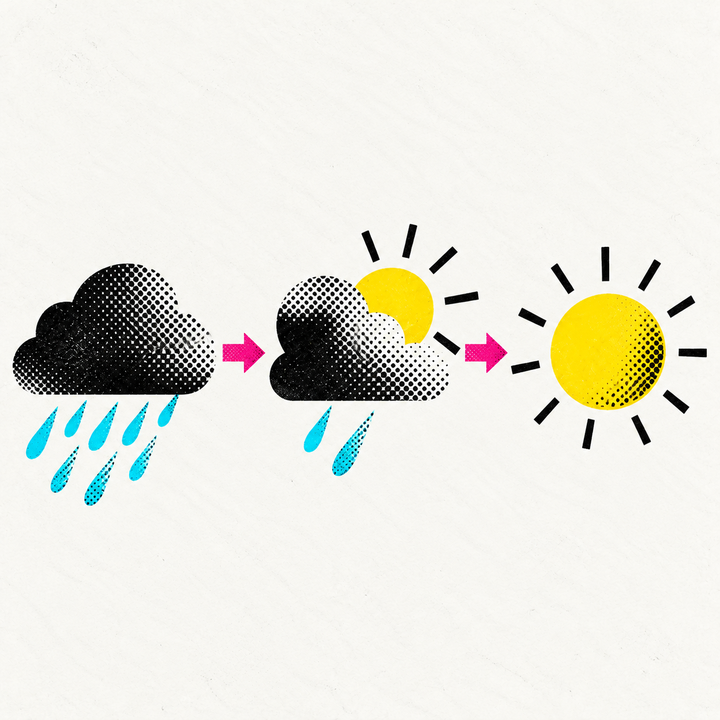 Wolken und Regen verwandeln sich schrittweise in Sonne.